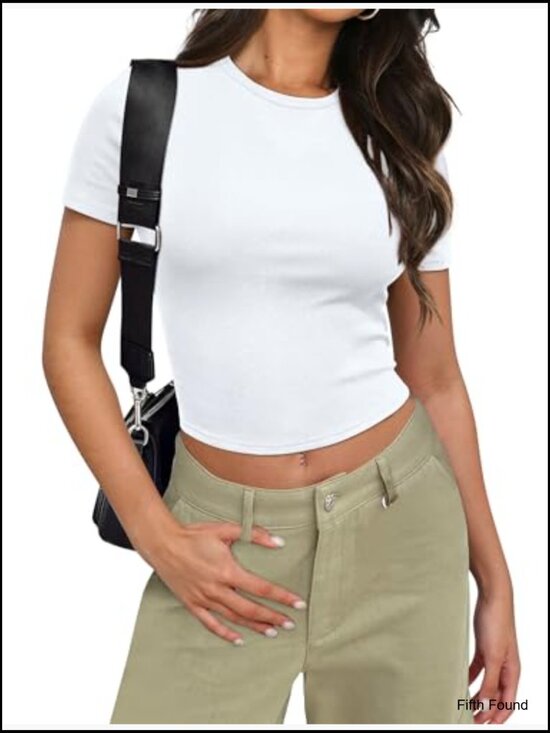 Large Slim Fit Crop Top 95% Cotton 5% Spandex Y2K Style Crew Neck Short Sleeve - Picture 2 of 7